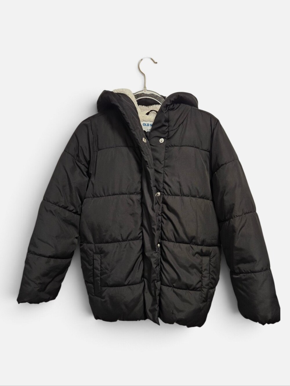 Old Navy Girls Black Puffer Coat Sherpa Lined Hood Kids Size L (10-12)